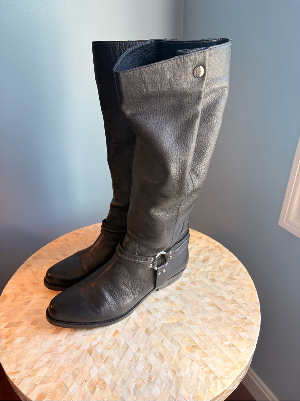Women’s Talk Black Leather Boots with Silver Hardware